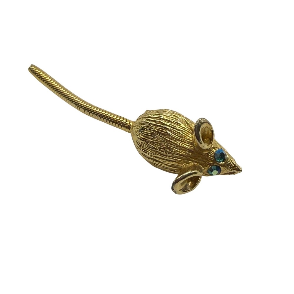 Vintage Whimsicalโ Gold Tone Mouse Brooch Blue Rhinestone Eyes Flexible Tail